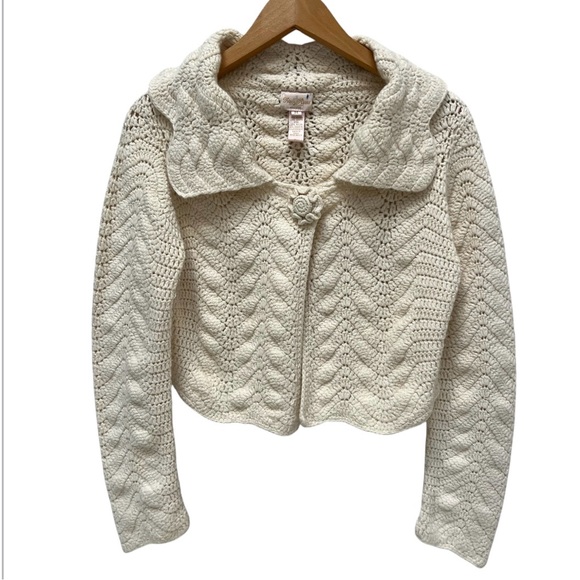 Y2K Cropped Chrochet Cable Knit Shrug Coquette Girl Cream Cardi Cottage Core SzM - Picture 14 of 15
